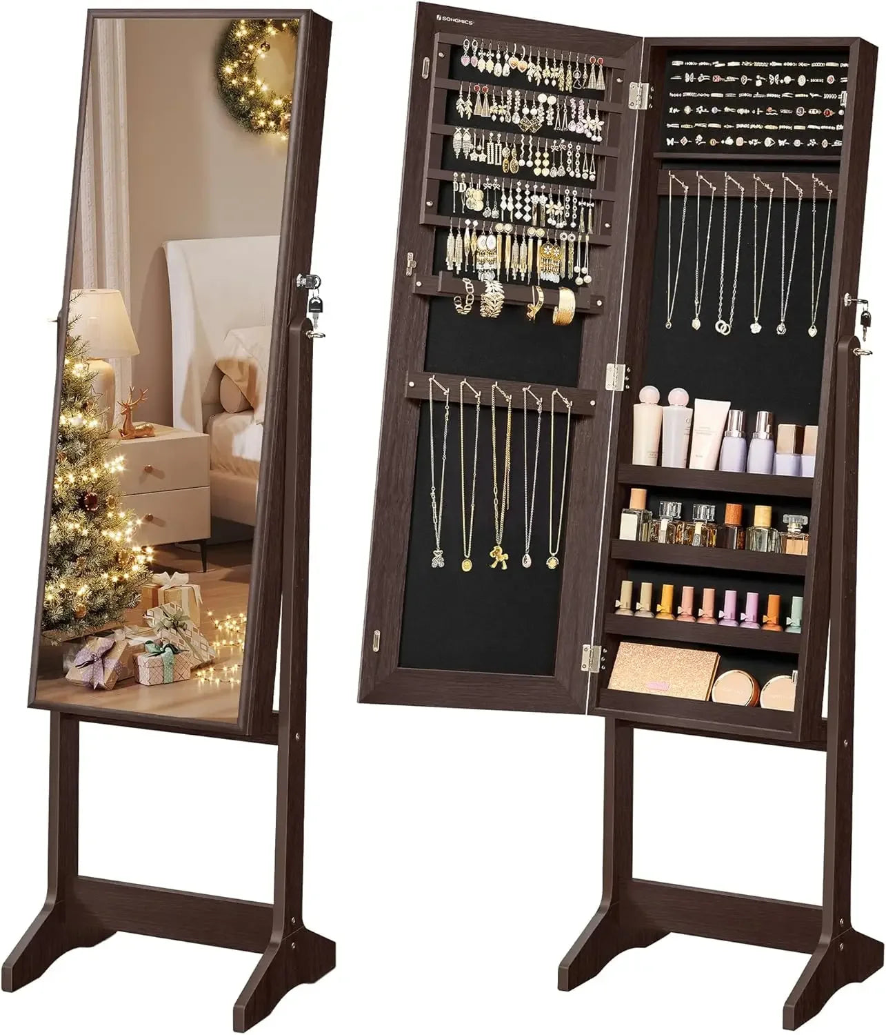 Standing Jewelry Cabinet Armoire with Full-Length Mirror, Lockable Jewelry Organizer,Brown Surface