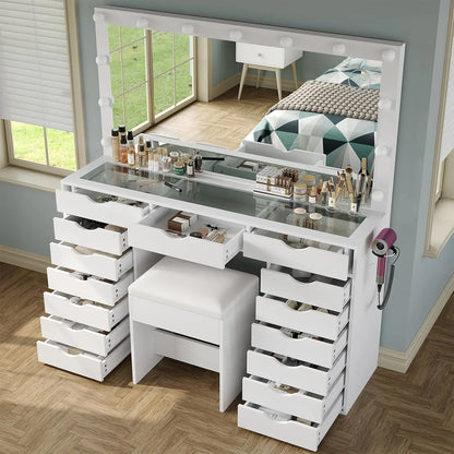 Vanity Desk with Mirror and 3 color Lighting Modes with Charging Station,15 Drawers Dressing Table