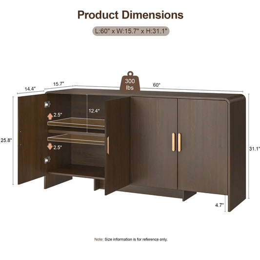 60" Sideboard Buffet Cabinet with Storage, 4 Doors & Adjustable Shelves